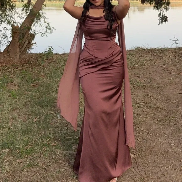 Azazie Strapless Satin Column Gown in Chocolate Brown - Picture 6 of 8